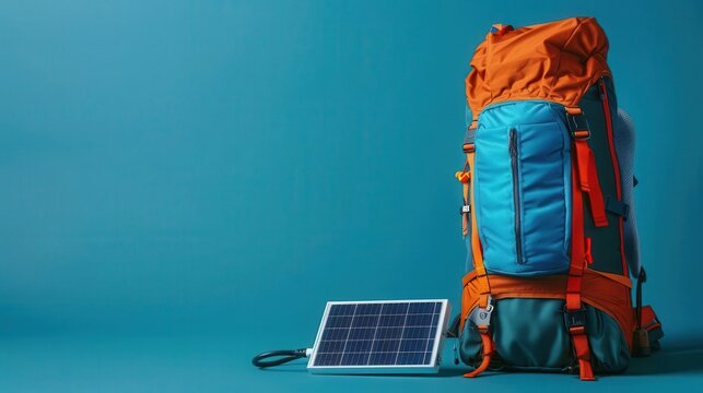 Advanced hiking gear with a solar charger, designed for offgrid expeditions, side view, showcasing renewable energy use, advanced tone, vivid colors, copy space for text