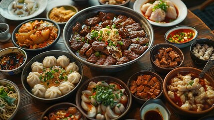 Fototapeta premium Chinese Food Feast: A Delicious Table Spread of Dishes, Illustration