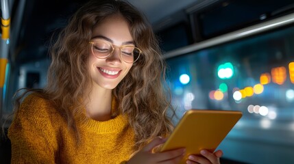 Happy Woman Using Tablet on Bus at Night