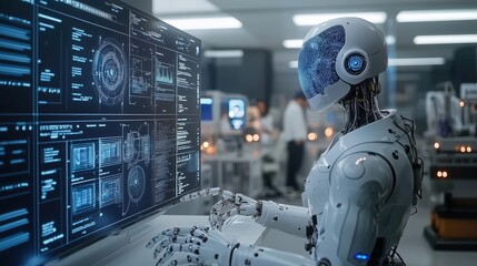 Fototapeta premium A sophisticated AI robot analyzing complex data on multiple screens in a high-tech lab. Perfect for illustrating advanced technology and artificial intelligence concepts.