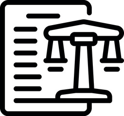 Line icon of a scale balancing on a legal document, representing the concept of law and order
