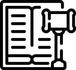 Line art icon of an open book with a judge's gavel resting on top, representing the legal system