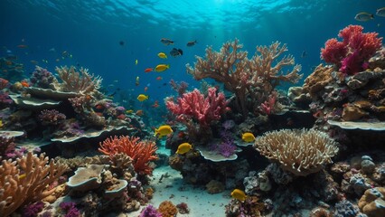 Obraz premium Colorful underwater coral reef with various fish species