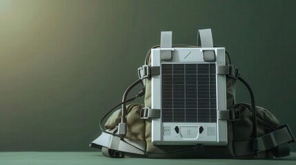 Naklejka premium Solar charger integrated into hiking gear, perfect for offgrid adventures, front view, emphasizing portability, futuristic tone, Complementary Color Scheme, copy space for text