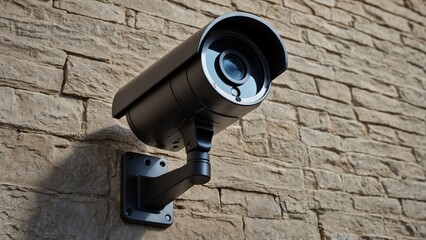 Modern surveillance camera fixed on a stone wall.