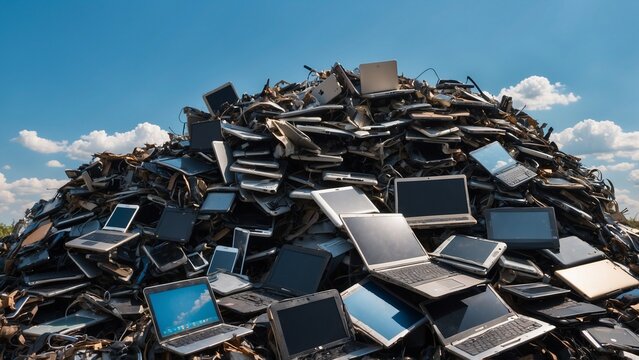 Piles of discarded laptops against a bright sky background