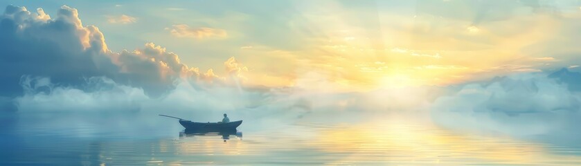 Fototapeta premium Solitary Boat at Sunrise on Calm Lake
