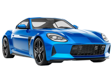 Front view of a shiny blue luxury Car isolated on a transparent background