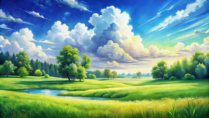 Vibrant watercolor painting of a serene landscape featuring lush green grass and a bright blue sky with fluffy white clouds drifting lazily by.