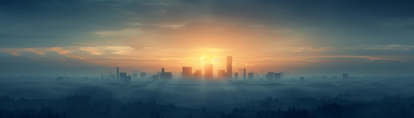 City skyline at sunrise with fog