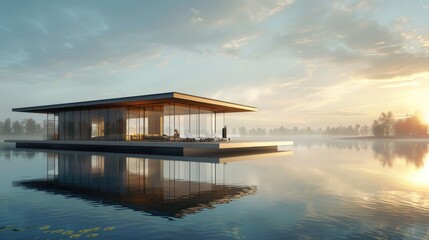 Floating building concept hovering above a reflective water surface