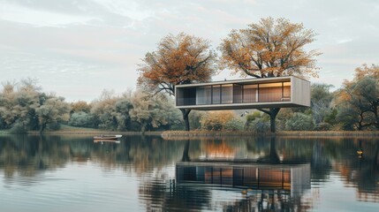 Obraz premium Floating building concept hovering above a reflective water surface