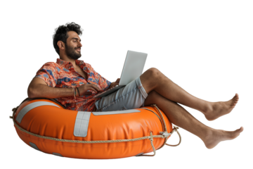 Male traveler holding laptop sitting on orange buoy on transparent background