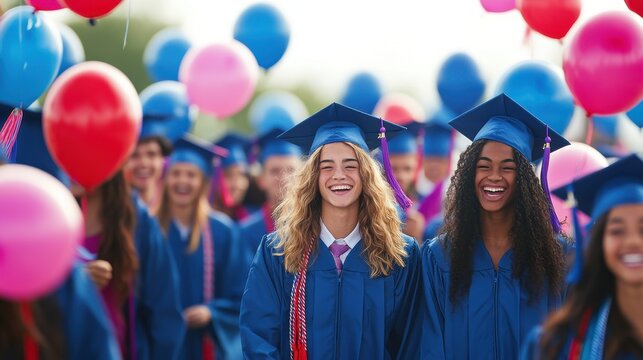 A group of high school graduates in their caps and gowns, celebrating with an outdoor party, surrounded by balloons and decorations, capturing the joy and achievement of completing a significant