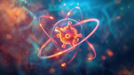 An illustration of an atom with particles orbiting the nucleus, front view, showcasing atomic structure, advanced tone, vivid color scheme