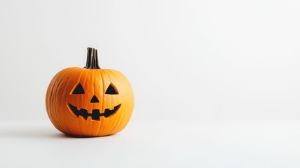 Obraz premium Carved pumpkin with spooky face on white background