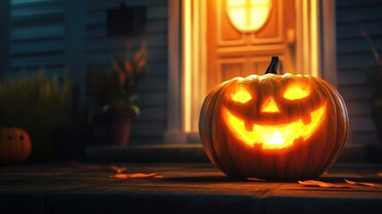 Obraz premium Illuminated pumpkin on doorstep, symbolizing Halloween festivity and spooky ambiance