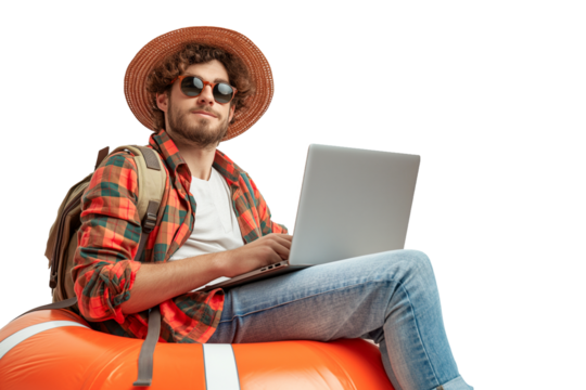 Male traveler holding laptop sitting on orange buoy on transparent background