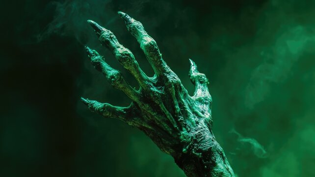 Green skeletal alien hand emerging from dark fog