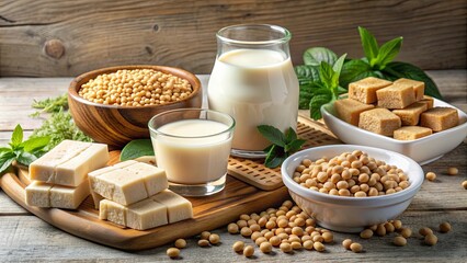 Assorted soya products including tofu, tempeh, and soy milk , soya, product, assorted, tofu, tempeh, soy milk, vegetarian