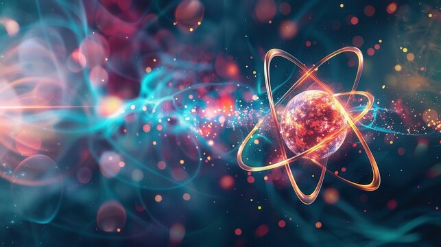 Creative depiction of an atom with moving particles, side view, highlighting atomic interactions, futuristic tone, vivid color scheme