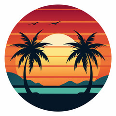 Vintage Tropical Getaway T-Shirt Design with Sunset and Palm Trees – Vector Graphic for Coastal Adventures