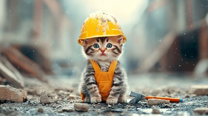 Fototapeta premium Kitten builder. Construction site background