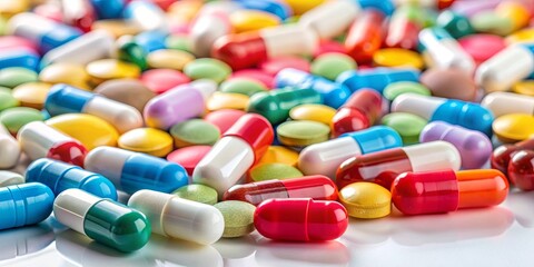 A close-up shot of various colorful pills and capsules scattered on a white surface, medicine, medication