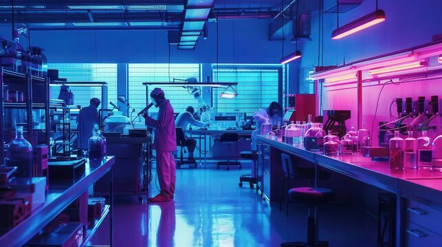 Laboratory setting with researchers engaged in nuclear experiments, side view, highlighting experimental technology, futuristic tone, vivid color scheme