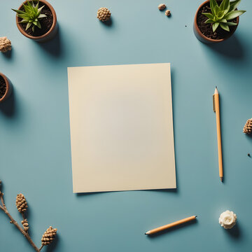 Mockup folio en blanco junto a lapices y plantas