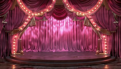 A stage with crimson curtains illuminated by warm lights creating a dramatic and elegant setting