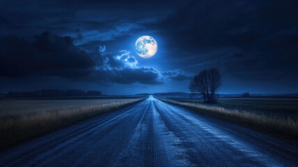 Moonlit rural road stretches into distance under cloudy night sky