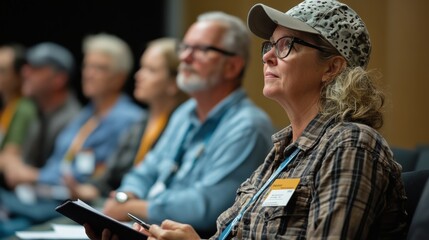 Fototapeta premium Adults of various ages and backgrounds attentively participating in a continuing education class, engaged in discussions and taking notes, reflecting a commitment to lifelong learning and the pursuit