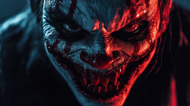 Scary clown face lit by red and blue lighting, with intense makeup eerie expression