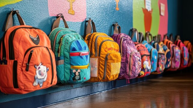 School backpacks lined up against a wall in a classroom, each one unique with vibrant colors and designs, representing the diverse personalities and backgrounds of the students, and the readiness for