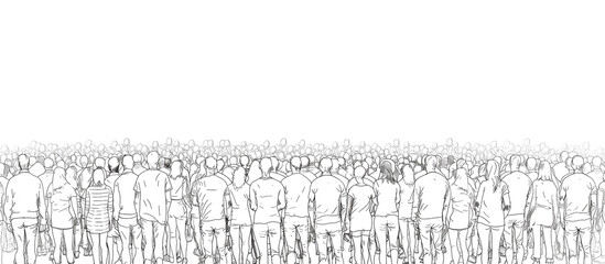 Group of silhouettes of people standing side by side in black outline on transparent background