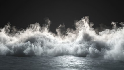 Fototapeta premium Dense, white smoke clouds hover above reflective surface under dark sky