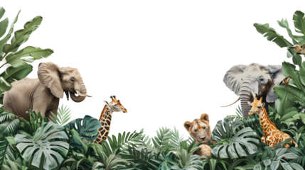 Frame scene of jungle animals like elephant, giraffe and lion on transparent background