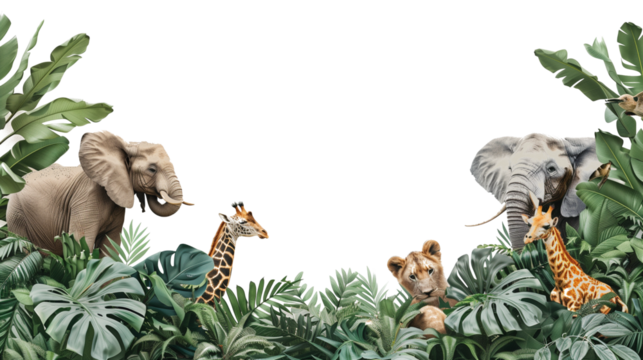 Frame scene of jungle animals like elephant, giraffe and lion on transparent background