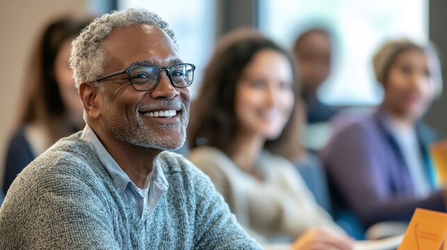 A dynamic adult education class where participants are learning about financial literacy, discussing strategies, and sharing experiences, highlighting the practical benefits of lifelong learning for