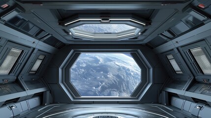 Interior of a futuristic dome with a digital sky display