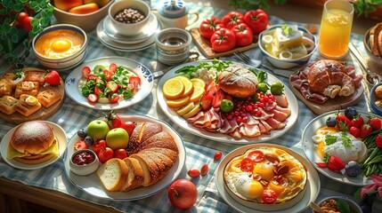 Breakfast Table with Fresh Food and Fruit - Realistic Image
