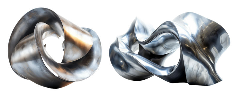 Metallic abstract curved shape object on transparent background