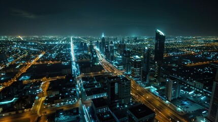 Obraz premium Night view of downtown with tall skyscrapers light street background aerial view angle
