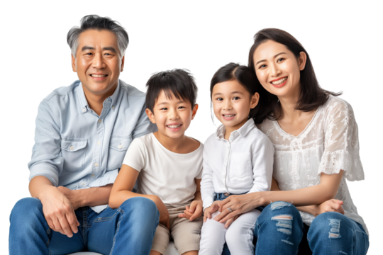 Asian family couple with children wearing white top and blue jeans isolated on transparent background