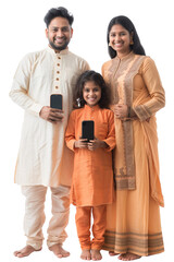 Happy Asian family standing with big smartphone isolated on transparent background