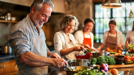 A warm and inviting kitchen where a group of middle-aged friends are taking a cooking class together, each person focused on preparing a dish, guided by a professional chef who demonstrates
