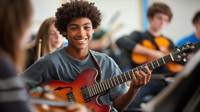 A dynamic and engaging scene in a high school music class where students are practicing with various instruments, from guitars and keyboards to drums and violins, the room filled with the sounds of