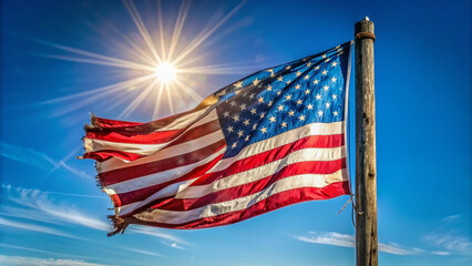 Weathered old tattered flag waving bravely in strong wind against clear blue sky with sun shining bright behind it on a worn wooden pole.