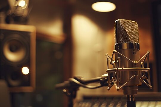 Close up of a microphone in music recording studio.